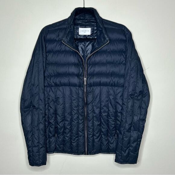 Sandro Paris Puffer Jacket Light Weight Navy Blue Leather Trim Full Zip Coat - Picture 1 of 7